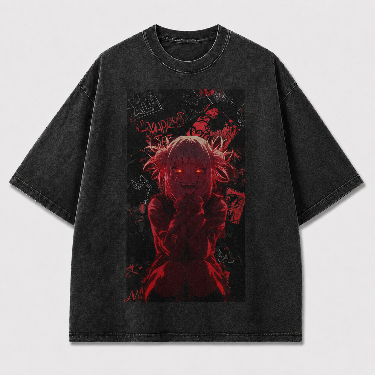 Oversized Dark Horror Graphic Tee – Crimson Grunge Print Top