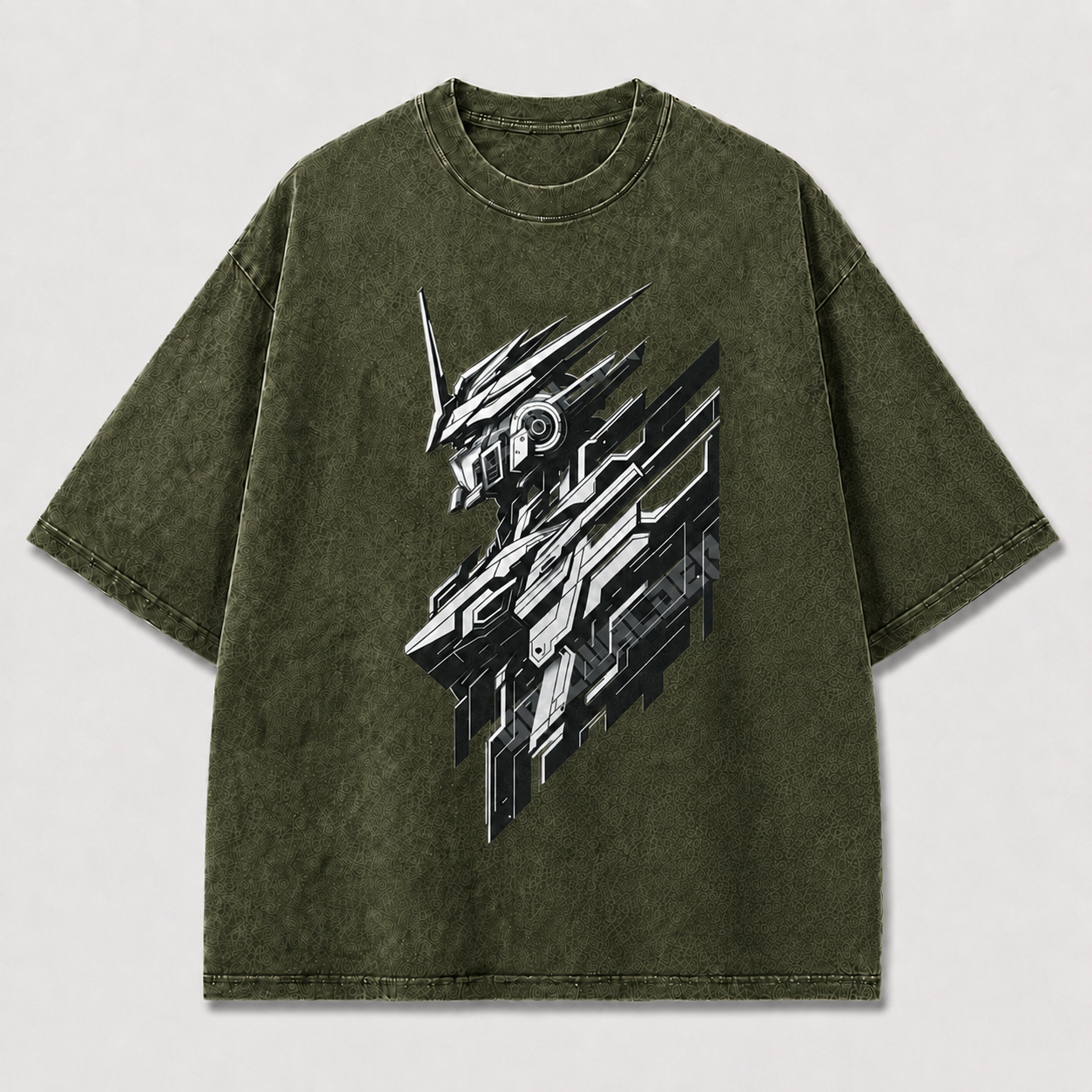 Oversized Cyber Mecha Graphic Tee – Geometric Slice Print Top
