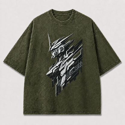 Oversized Cyber Mecha Graphic Tee – Geometric Slice Print Top