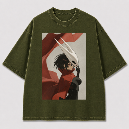 Horned Mask Girl Portrait Graphic Print Oversized Tee