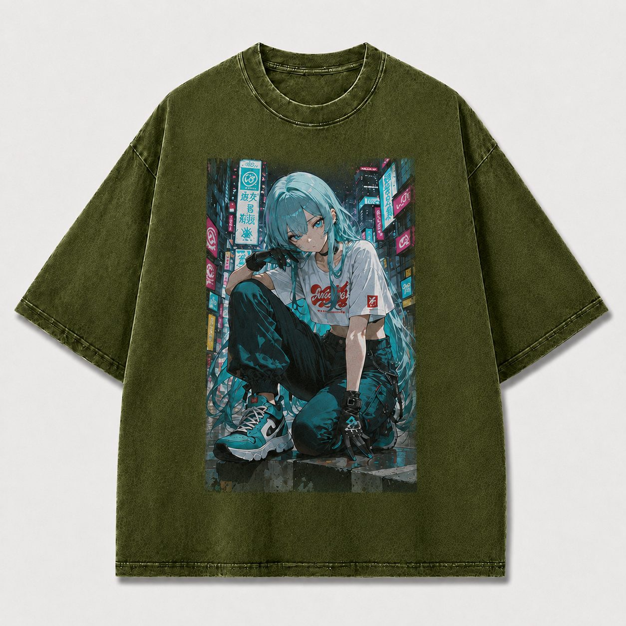 Oversized Graphic Print T-Shirt – Neon City Waifu Streetwear Tee