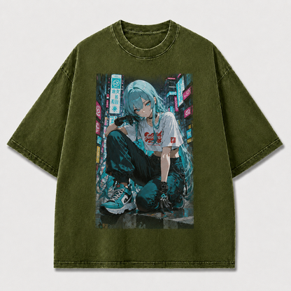Oversized Graphic Print T-Shirt – Neon City Waifu Streetwear Tee