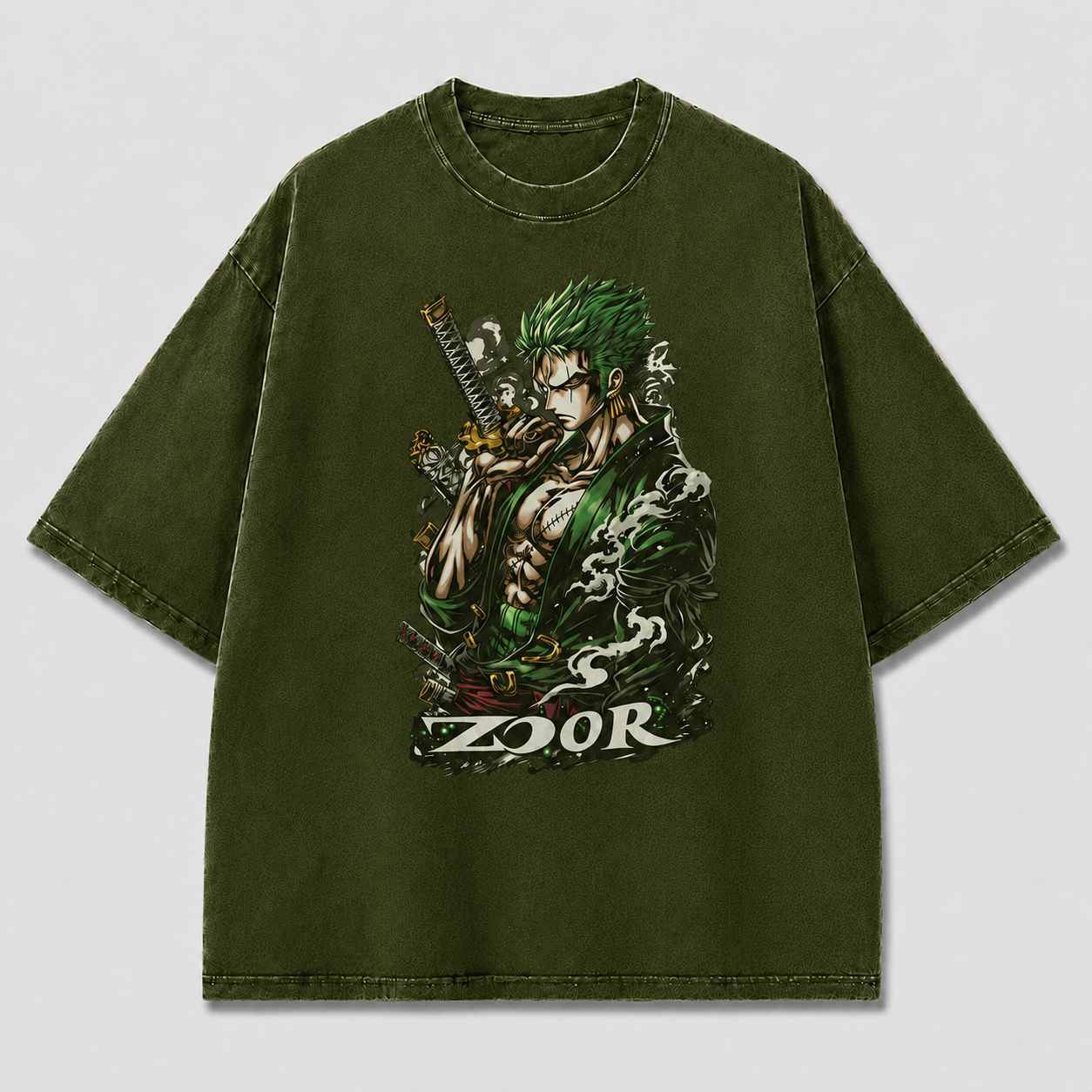 Oversized Graphic Print T-Shirt – Green-Haired Swordsman Streetwear Tee