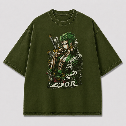 Oversized Graphic Print T-Shirt – Green-Haired Swordsman Streetwear Tee