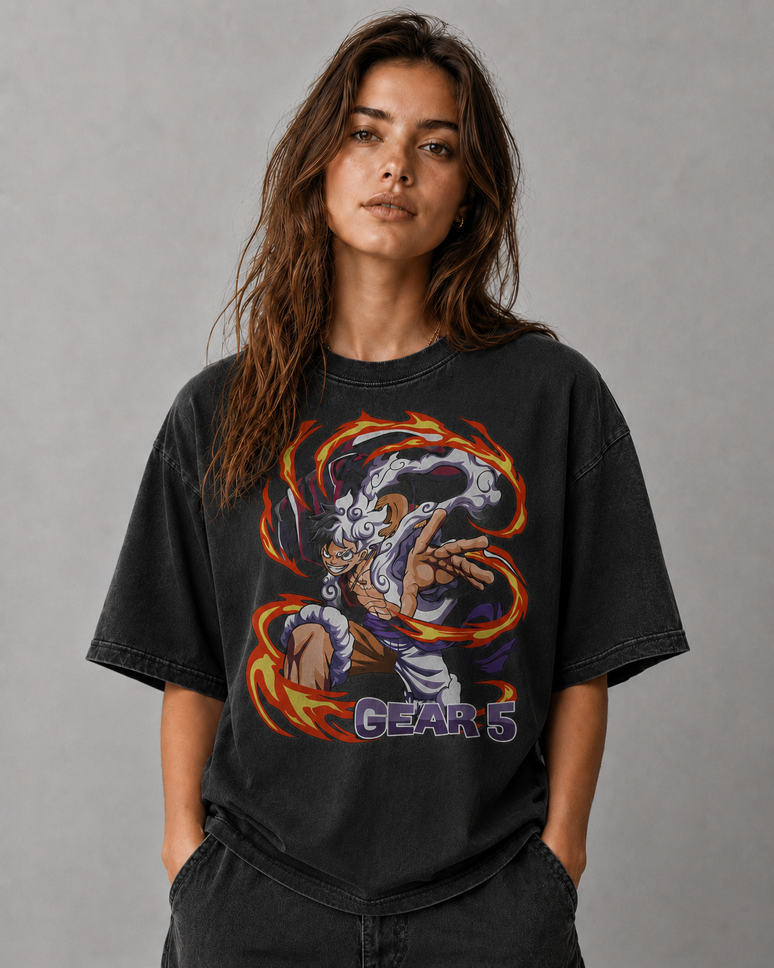 Oversized Streetwear Graphic Tee – Flame Vortex Battle Pose Print