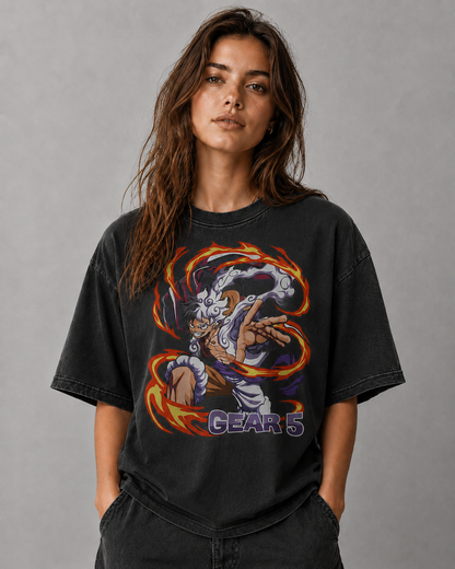 Oversized Streetwear Graphic Tee – Flame Vortex Battle Pose Print