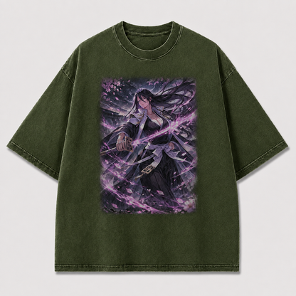 Oversized Violet Blade Swordswoman Graphic Tee – Dark Fantasy Streetwear Shirt