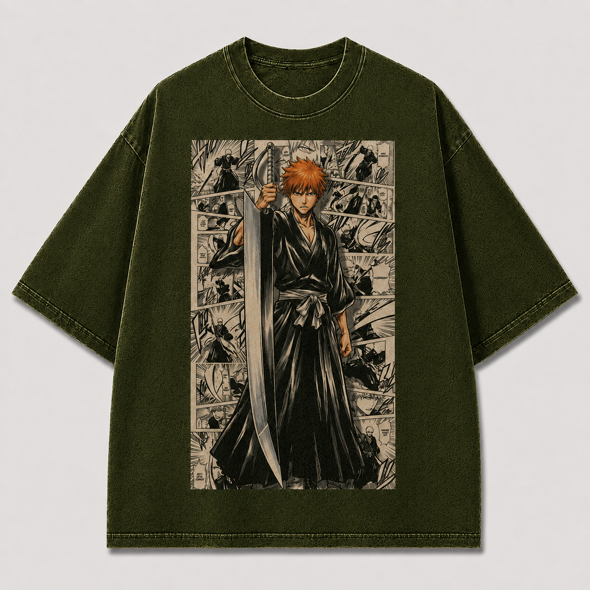 Oversized Streetwear Graphic Tee – Manga Panel Standing Sword Print