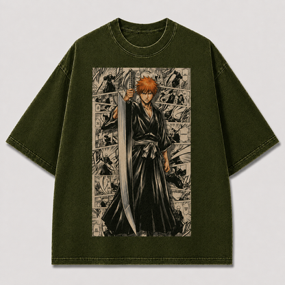 Oversized Streetwear Graphic Tee – Manga Panel Standing Sword Print