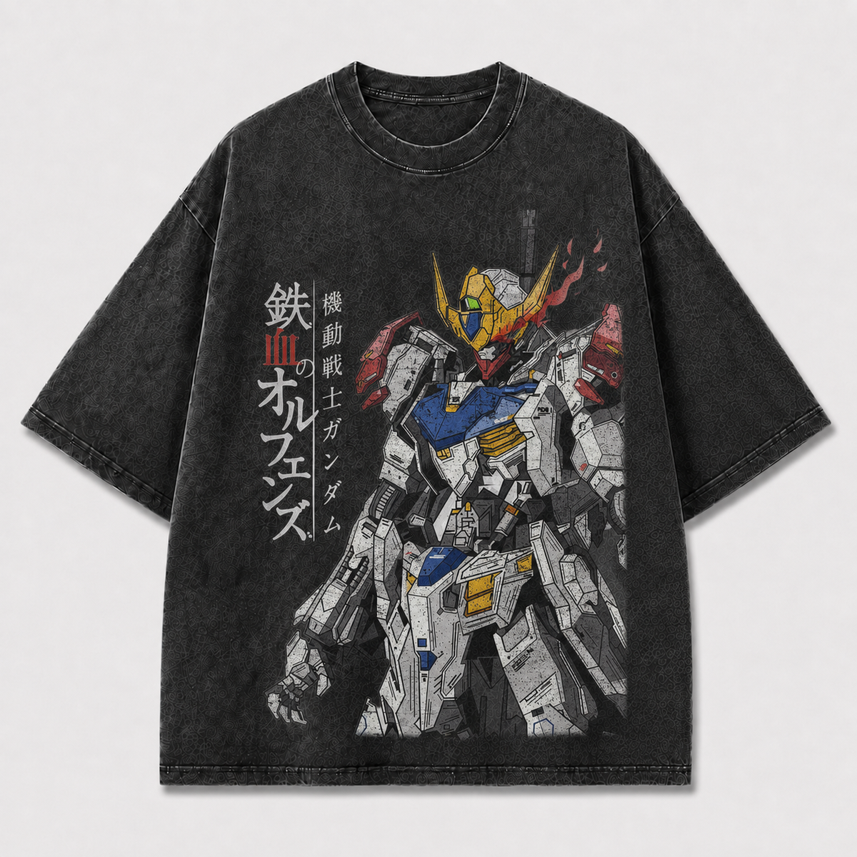 Oversized Flame Horn Mecha Graphic Tee – Vertical Text Print Top