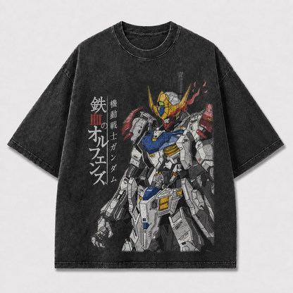 Oversized Flame Horn Mecha Graphic Tee – Vertical Text Print Top