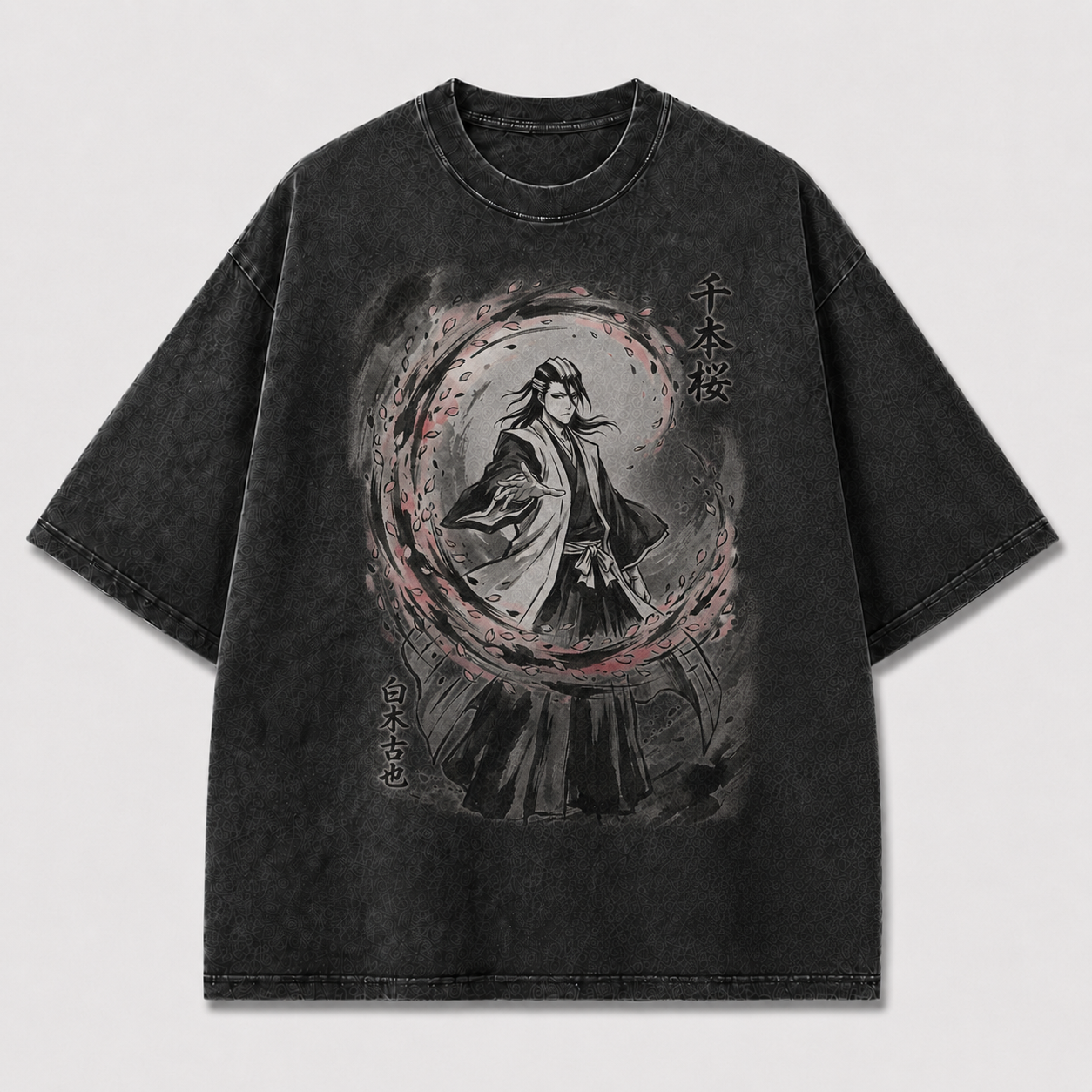 Oversized Cherry Blossom Samurai Ink Graphic Tee – Japanese Ink Wash Streetwear Shirt