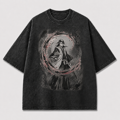 Oversized Cherry Blossom Samurai Ink Graphic Tee – Japanese Ink Wash Streetwear Shirt