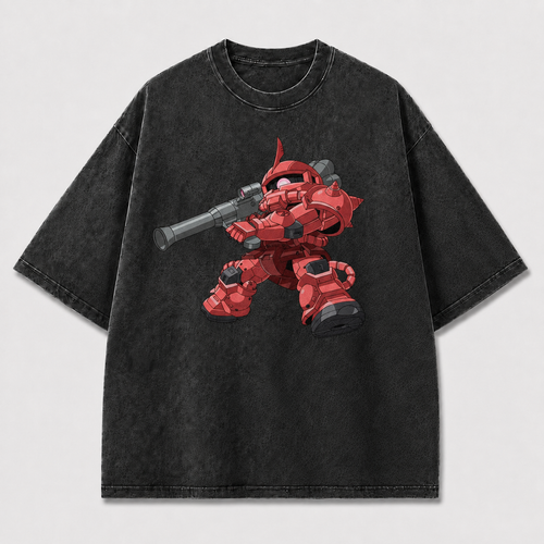 Oversized Red Sniper Mecha Graphic Tee – Action Print Top