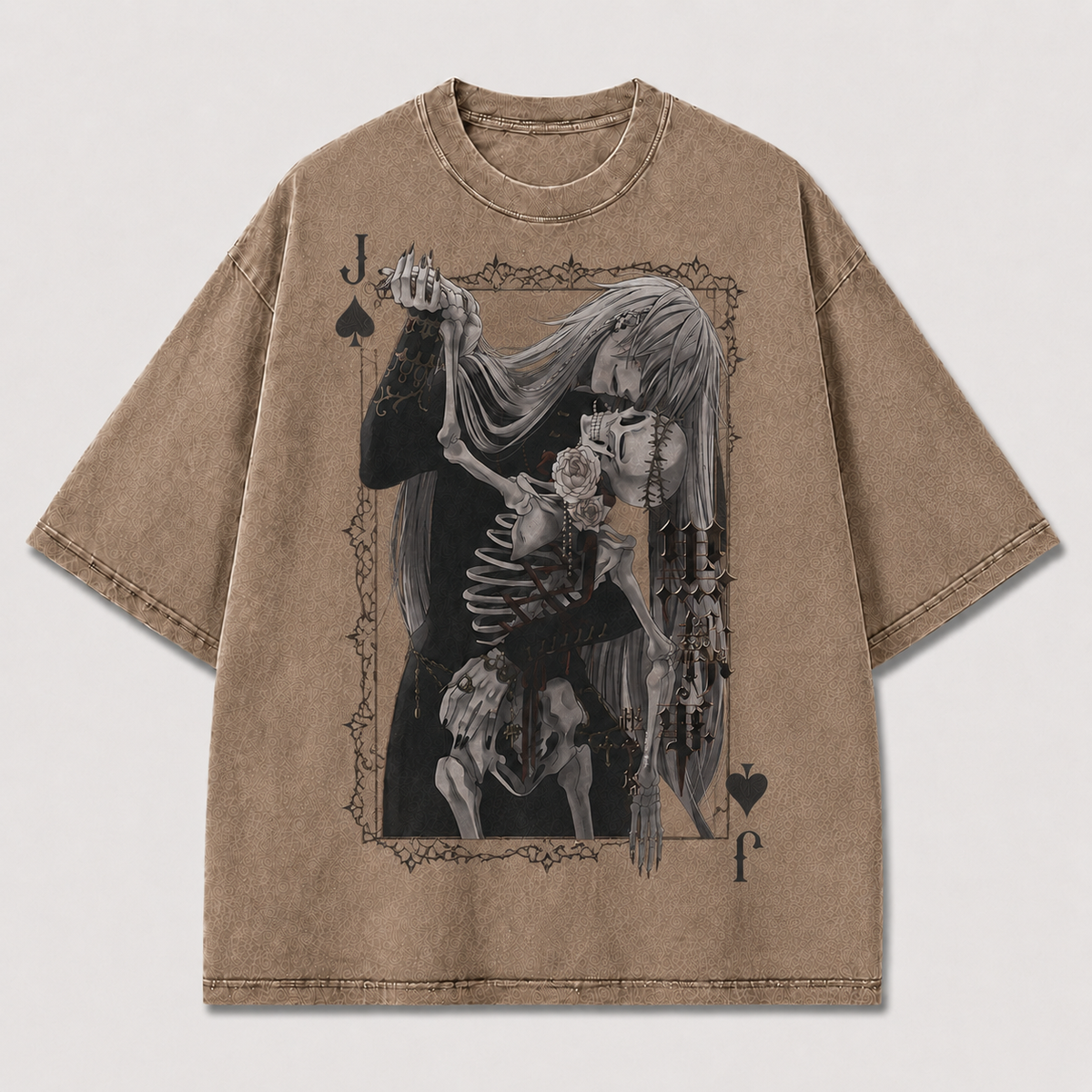 Oversized Gothic Card Portrait Graphic Tee – Skeleton Print Top