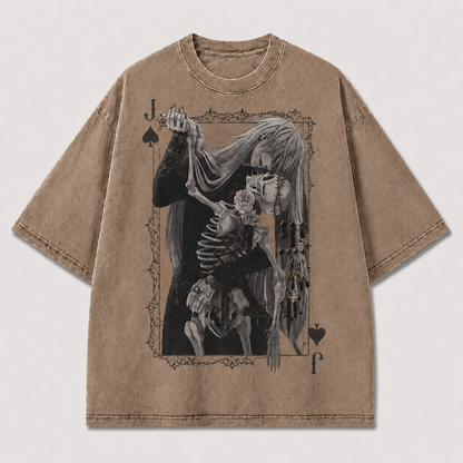 Oversized Gothic Card Portrait Graphic Tee – Skeleton Print Top