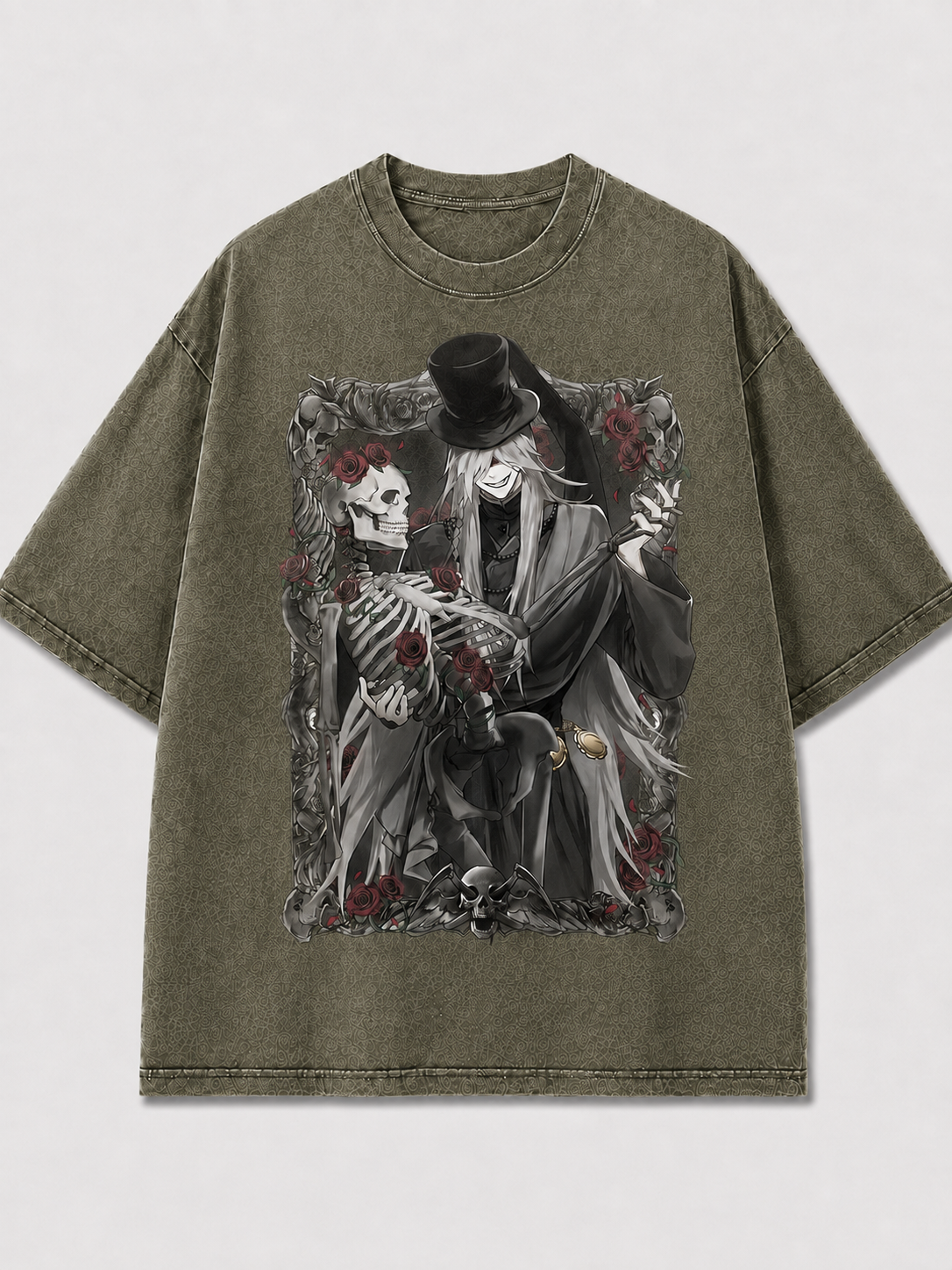 Oversized Rose Skeleton Portrait Graphic Tee – Framed Print Top