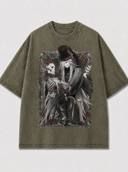 Oversized Rose Skeleton Portrait Graphic Tee – Framed Print Top