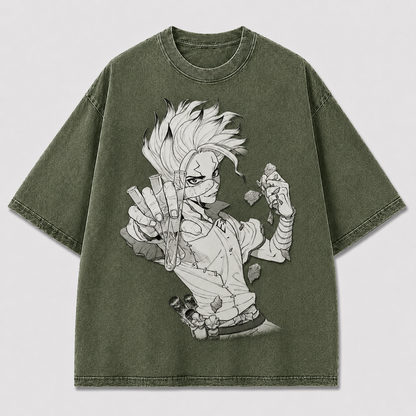Oversized Manga Scientist Graphic Tee – Monochrome Print Top