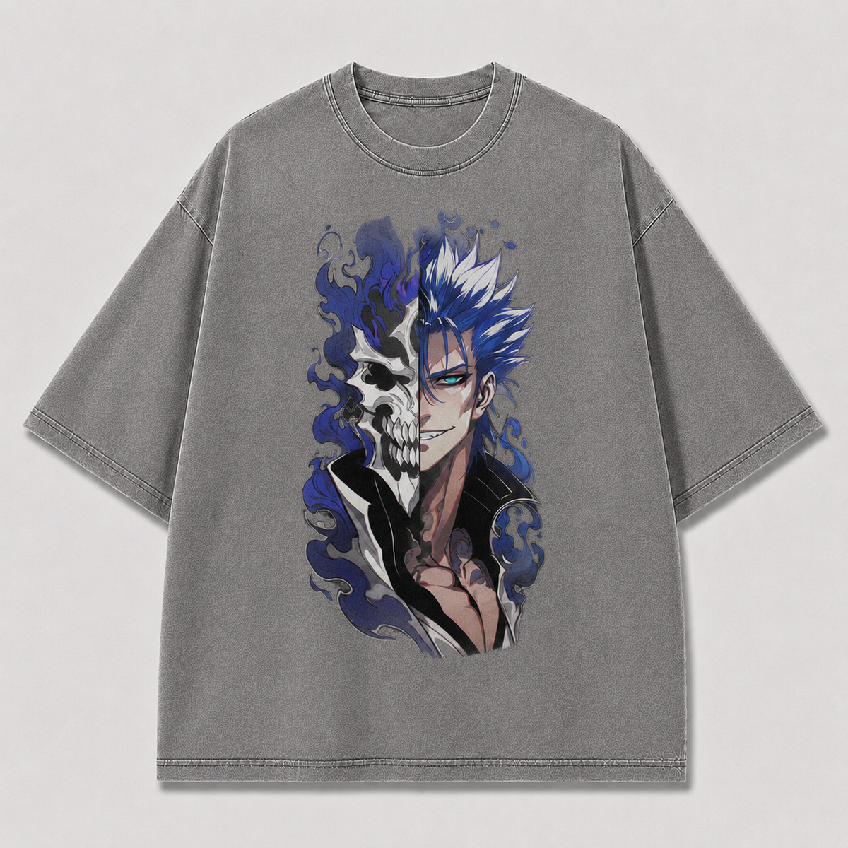 Oversized Streetwear Graphic Tee – Blue Flame Split Skull Print