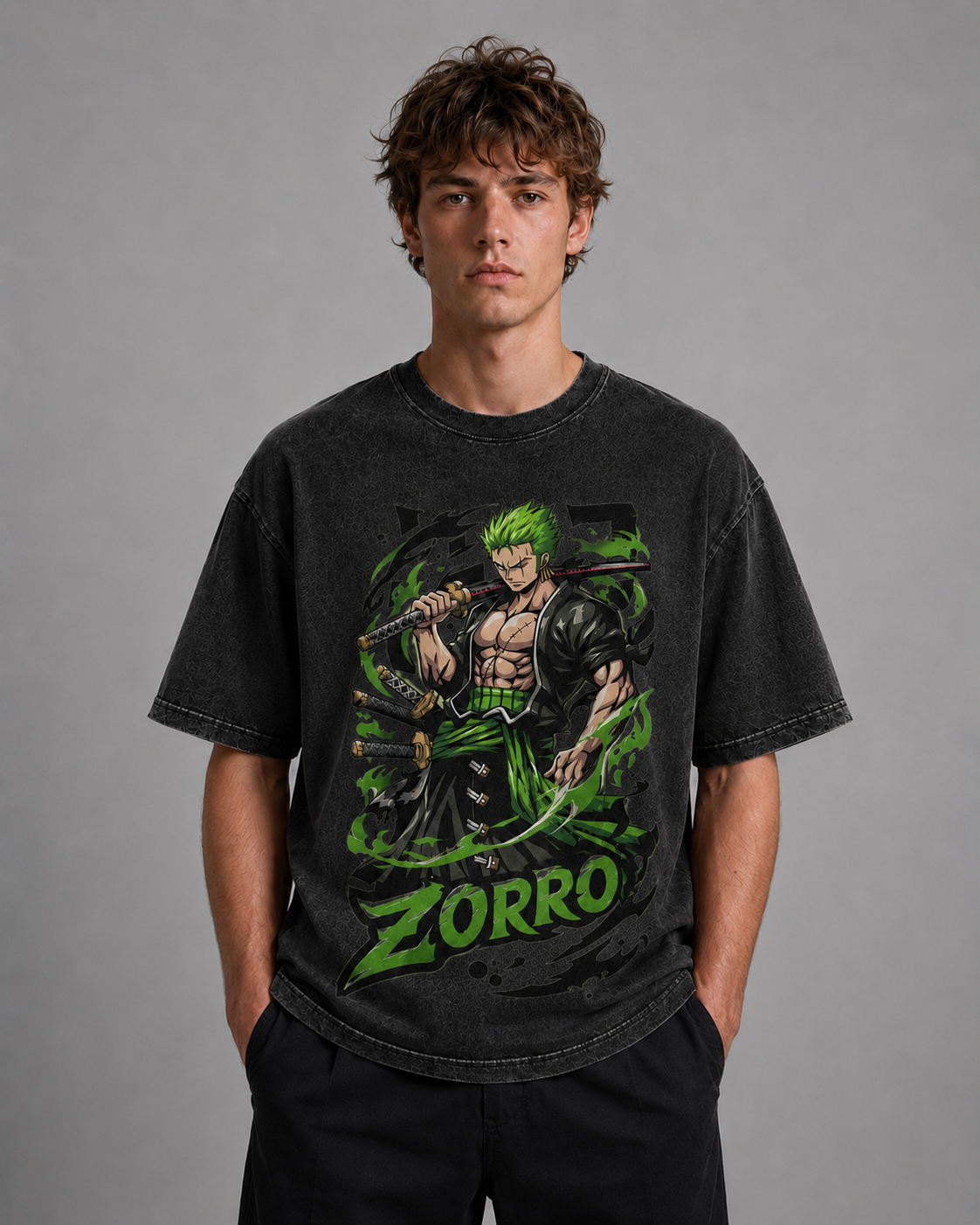 Oversized Graphic Print T-Shirt – Green-Haired Swordsman Streetwear Tee