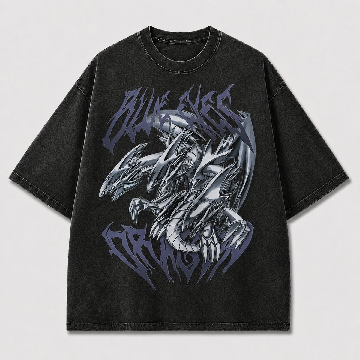 Oversized Metallic Dragon Graphic Tee – Gothic Lettering Print Top