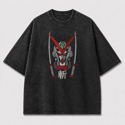 Oversized Samurai Mecha Graphic Tee – Dual Blade Print Top