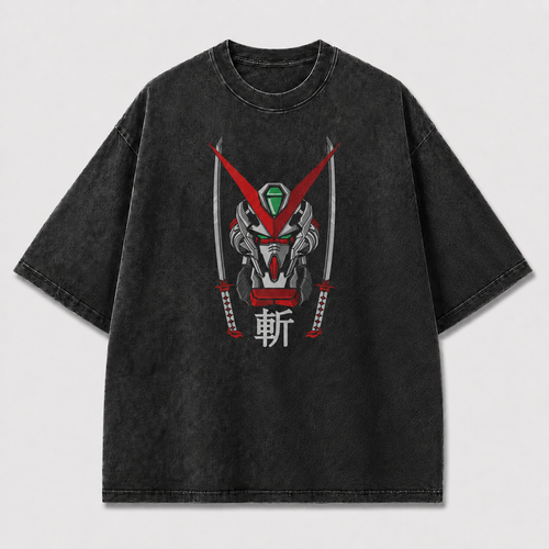 Oversized Samurai Mecha Graphic Tee – Dual Blade Print Top