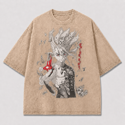 Oversized Stone Warrior Portrait Graphic Tee – Monochrome Print Top