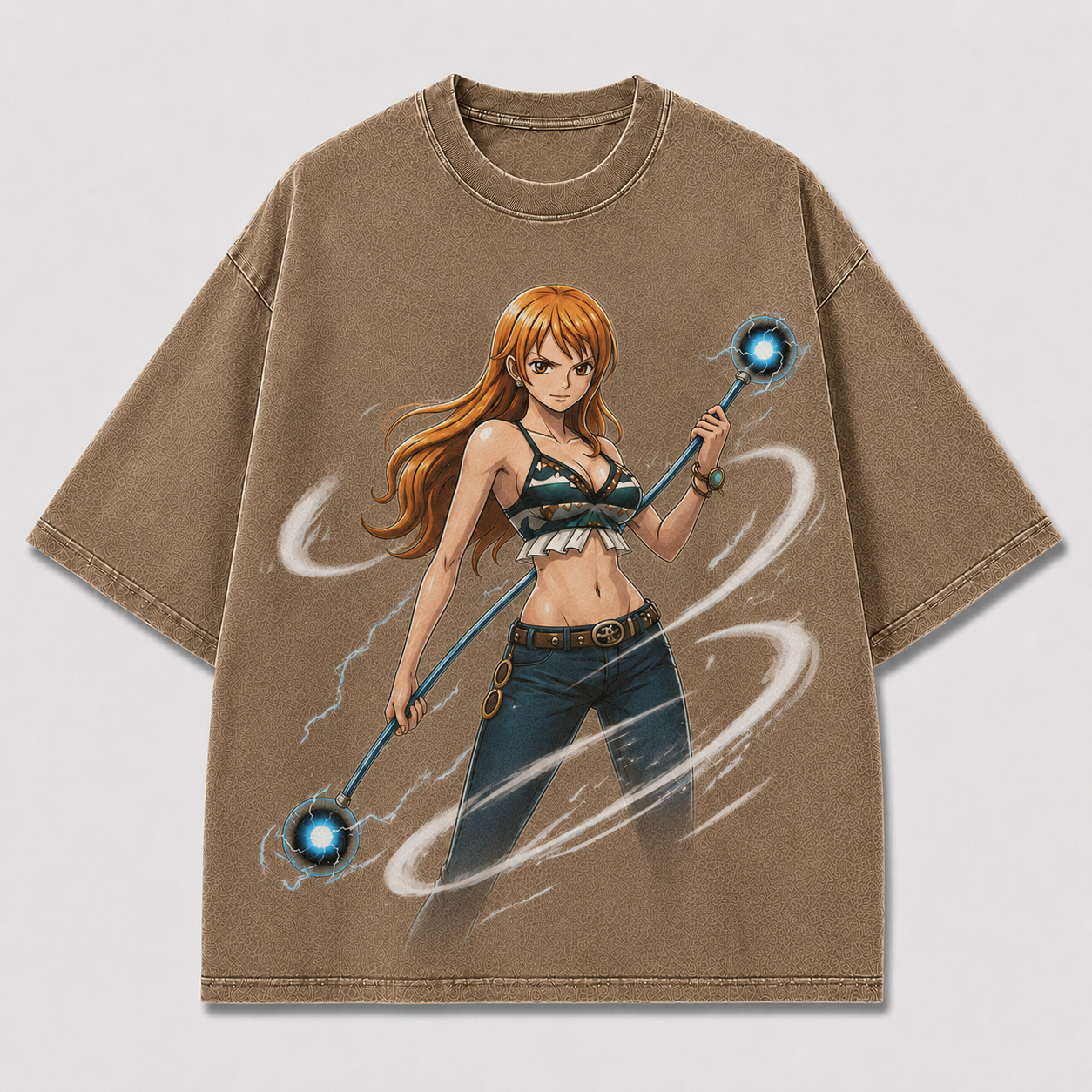 Oversized Streetwear Graphic Tee – Twin Orb Staff Weapon Print