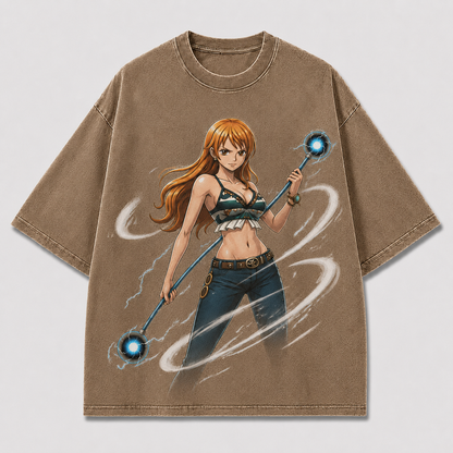 Oversized Streetwear Graphic Tee – Twin Orb Staff Weapon Print