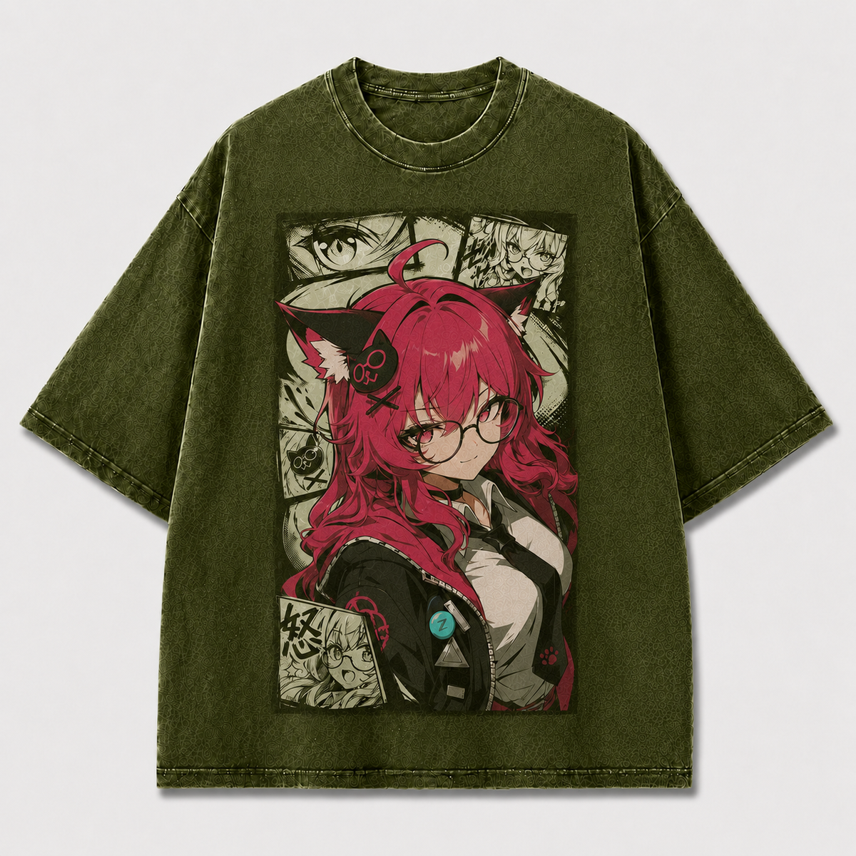Oversized Graphic Print T-Shirt – Cat-Ear Waifu Streetwear Tee
