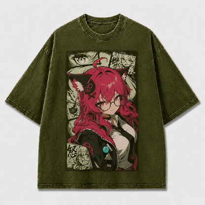 Oversized Graphic Print T-Shirt – Cat-Ear Waifu Streetwear Tee