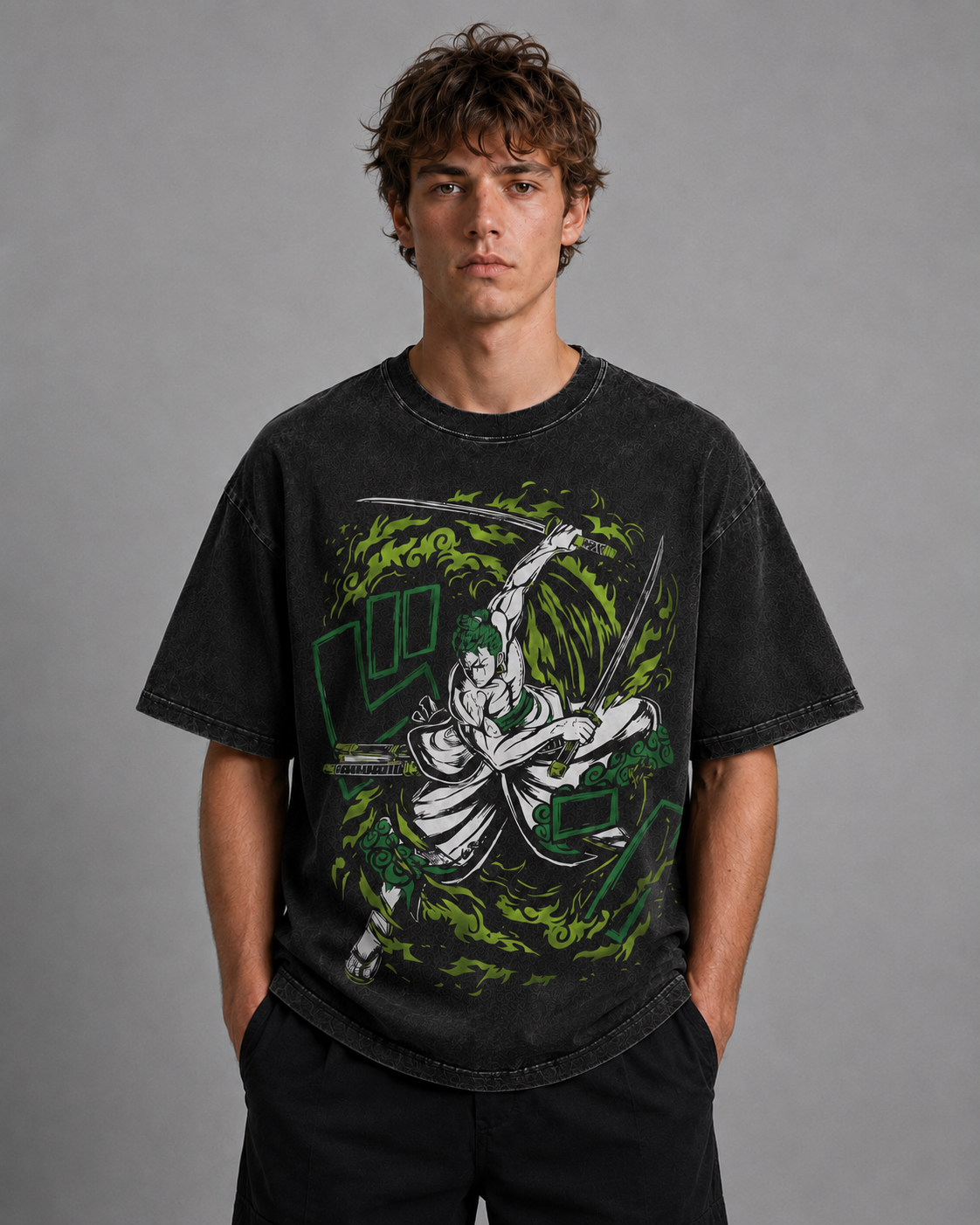 Oversized Graphic Print T-Shirt – Three-Blade Swordsman Streetwear Tee