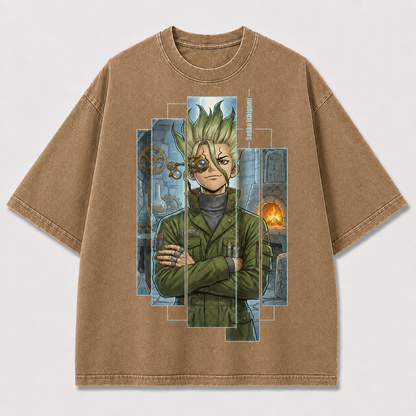 Oversized Inventor Portrait Graphic Tee – Window Panel Print Top
