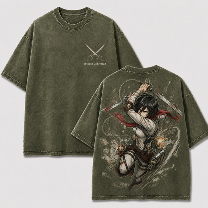 Red Scarf Dual Blade Warrior Vintage Washed Graphic Tee