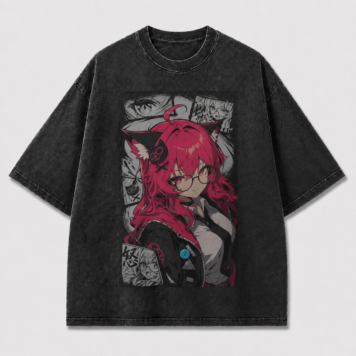 Oversized Graphic Print T-Shirt – Cat-Ear Waifu Streetwear Tee
