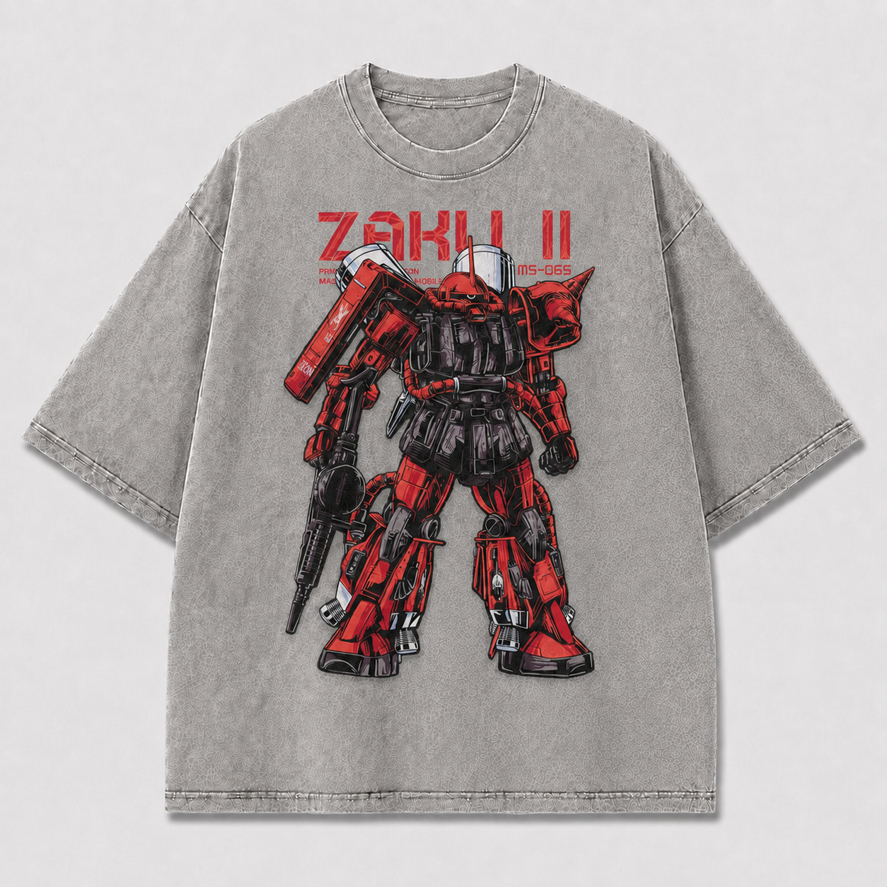 Oversized Crimson Mecha Standing Graphic Tee – Technical Print Top