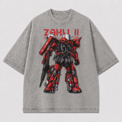 Oversized Crimson Mecha Standing Graphic Tee – Technical Print Top