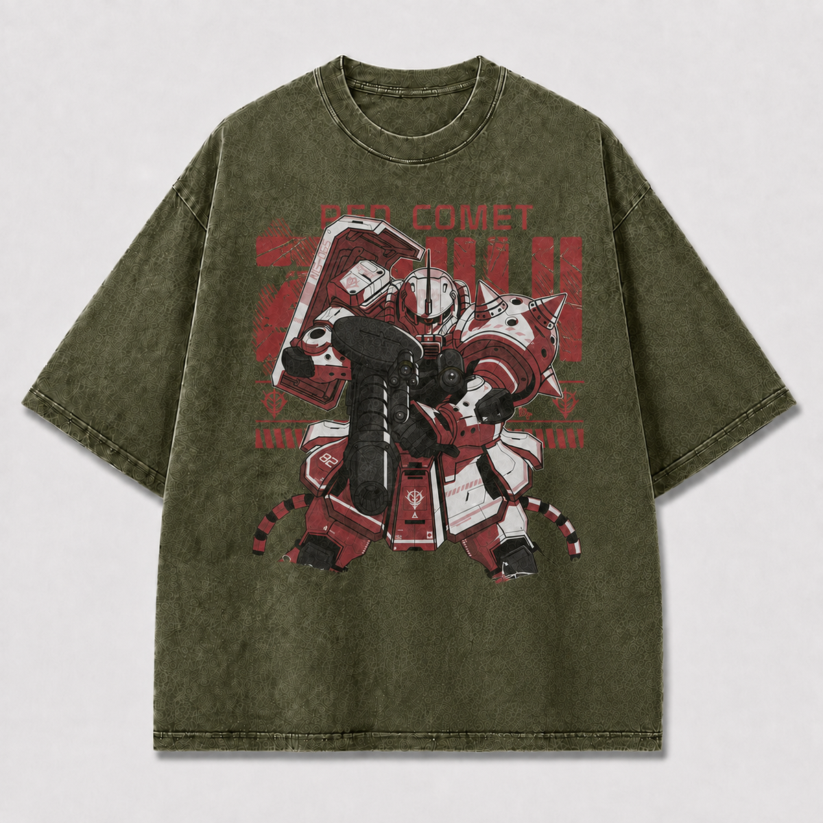 Oversized Crimson Mecha Graphic Tee – Military Poster Print Top