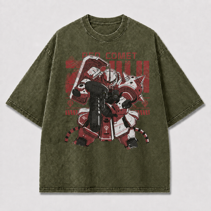 Oversized Crimson Mecha Graphic Tee – Military Poster Print Top