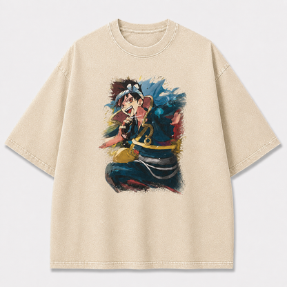 Oversized Watercolor Samurai Graphic Tee – Print Top