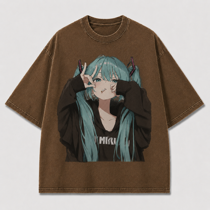 Oversized Graphic Print T-Shirt – Twin-Tail Waifu Streetwear Tee