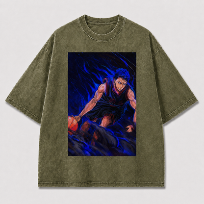 Oversized Blue Flame Basketball Graphic Tee – Dynamic Print Top