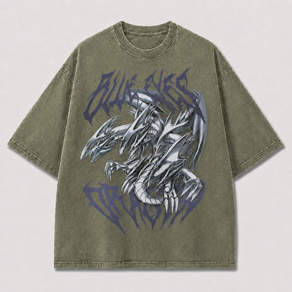 Oversized Metallic Dragon Graphic Tee – Gothic Lettering Print Top