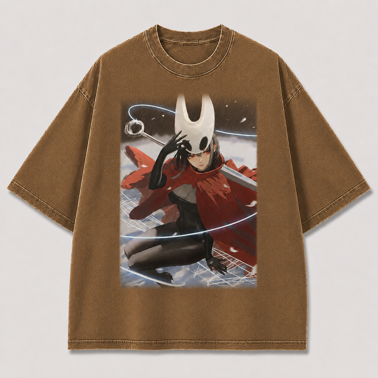 Horned Mask Girl Crouching Graphic Print Oversized Tee