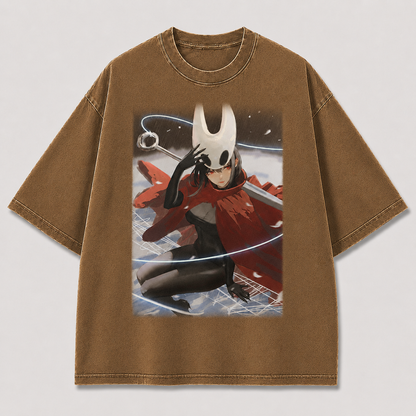 Horned Mask Girl Crouching Graphic Print Oversized Tee