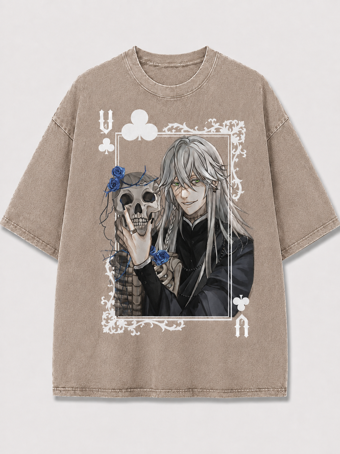 Oversized Blue Rose Skull Card Graphic Tee – Ornate Print Top