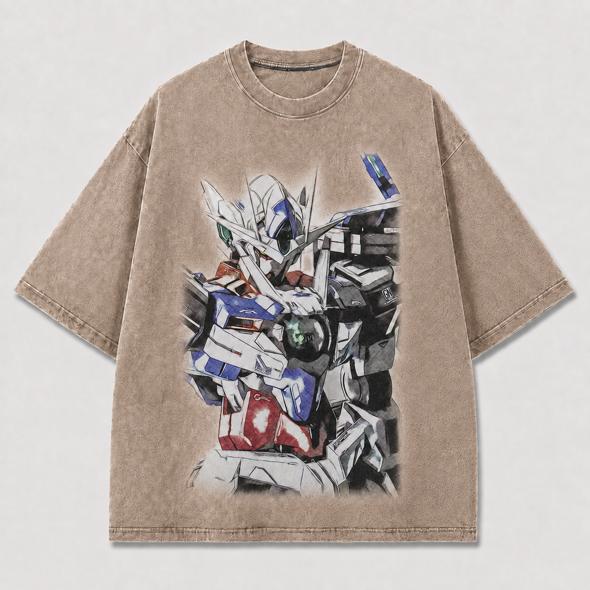 Oversized Grunge Sketch Mecha Graphic Tee – Faded Print Top