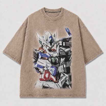 Oversized Grunge Sketch Mecha Graphic Tee – Faded Print Top